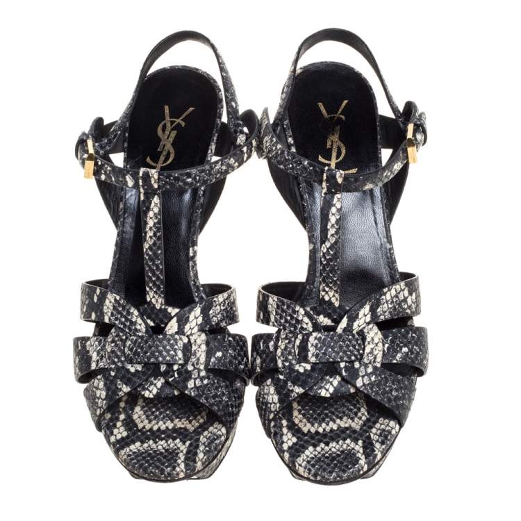 Pre Owned Saint Laurent Paris Black/White Snakeskin Effect Leather Tribute Platform Sandals Size 39.5