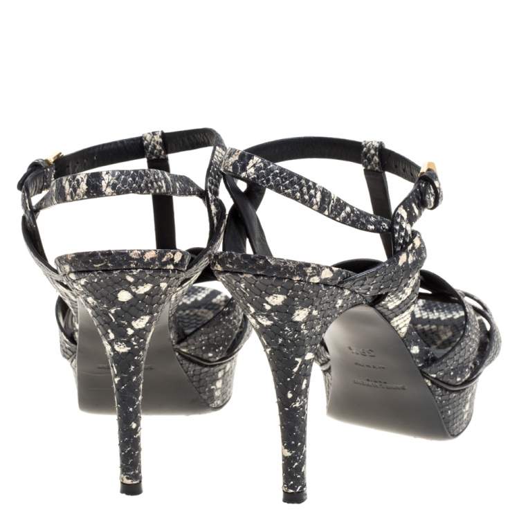 Pre Owned Saint Laurent Paris Black/White Snakeskin Effect Leather Tribute Platform Sandals Size 39.5