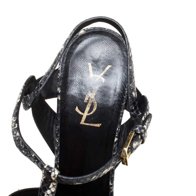 Pre Owned Saint Laurent Paris Black/White Snakeskin Effect Leather Tribute Platform Sandals Size 39.5