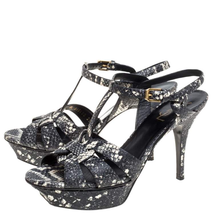 Pre Owned Saint Laurent Paris Black/White Snakeskin Effect Leather Tribute Platform Sandals Size 39.5