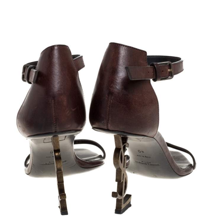 Pre Owned Saint Laurent Paris Brown Leather Opyum Ankle Strap Sandals Size 40