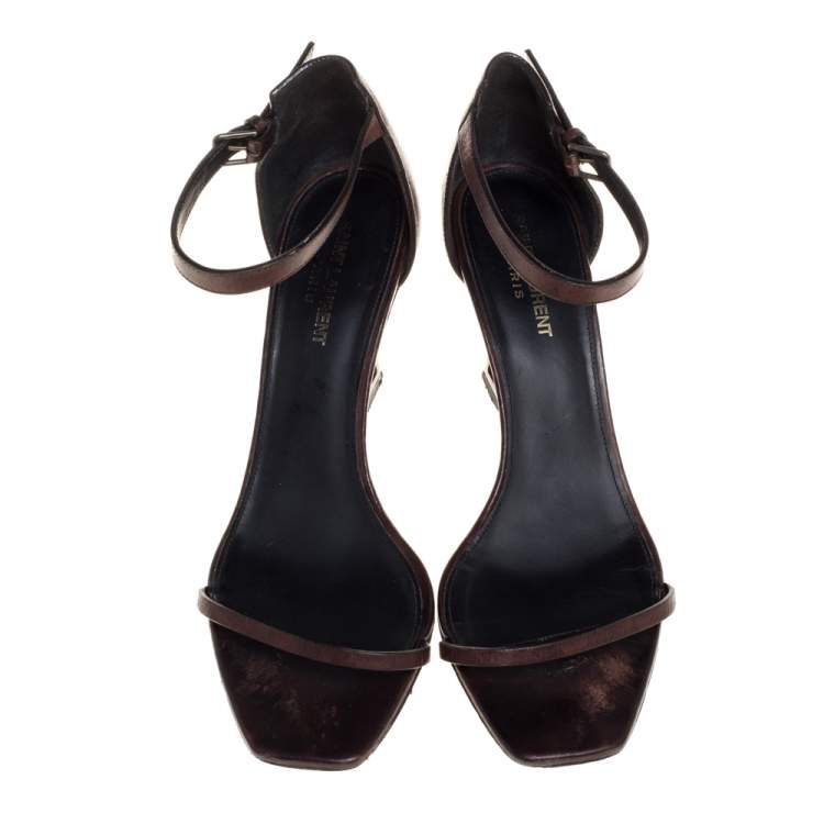 Pre Owned Saint Laurent Paris Brown Leather Opyum Ankle Strap Sandals Size 40