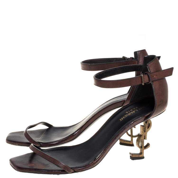 Pre Owned Saint Laurent Paris Brown Leather Opyum Ankle Strap Sandals Size 40