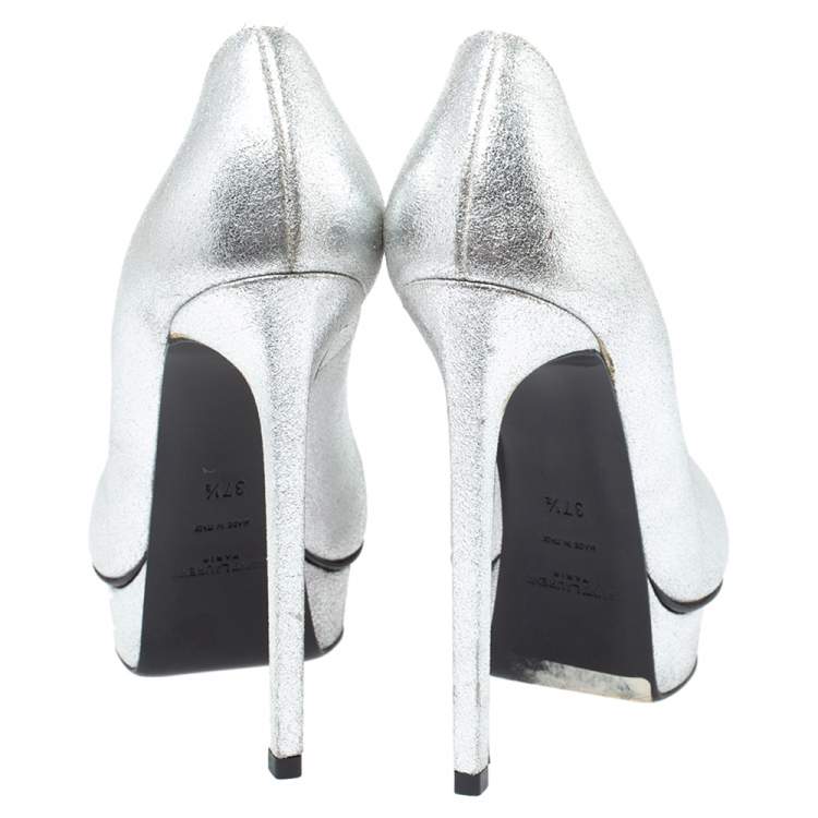 Pre Owned Saint Laurent Paris Metallic Silver Leather Janis Platform Pumps Size 37.5