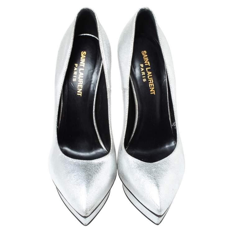 Pre Owned Saint Laurent Paris Metallic Silver Leather Janis Platform Pumps Size 37.5