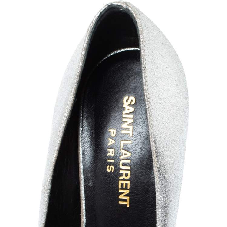 Pre Owned Saint Laurent Paris Metallic Silver Leather Janis Platform Pumps Size 37.5