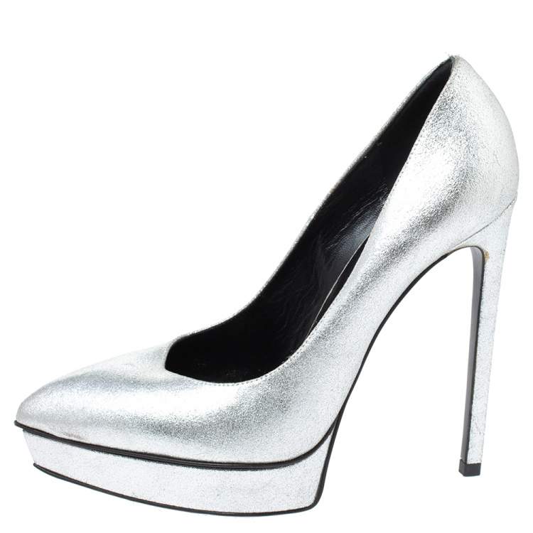 Pre Owned Saint Laurent Paris Metallic Silver Leather Janis Platform Pumps Size 37.5