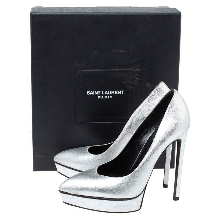 Pre Owned Saint Laurent Paris Metallic Silver Leather Janis Platform Pumps Size 37.5