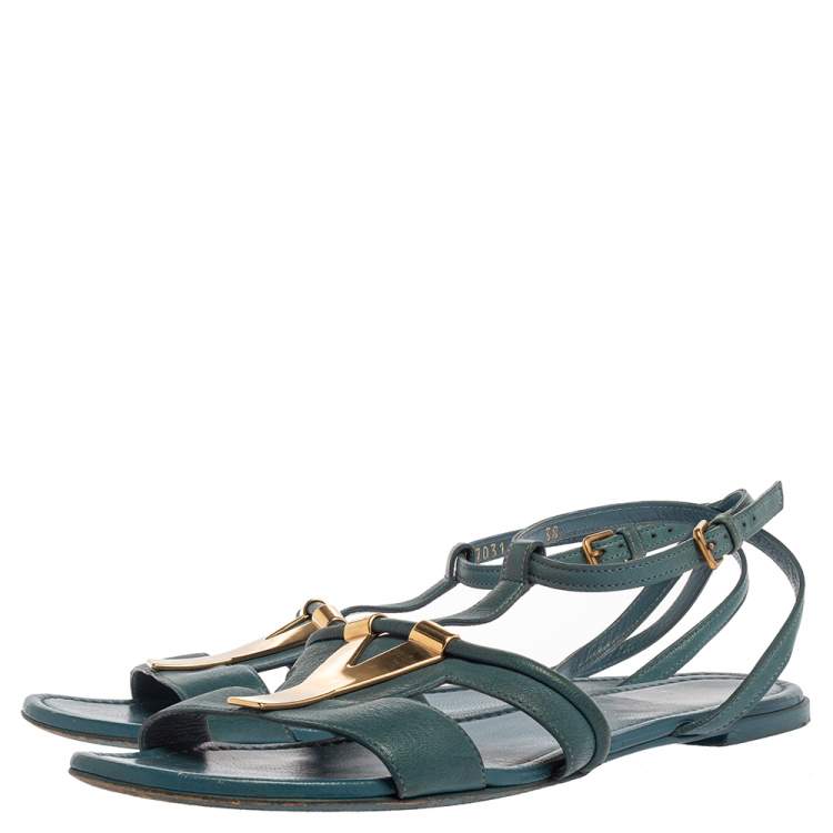 Pre Owned Saint Laurent Paris Blue Leather Ycon Ankle Strap Flats Size 38