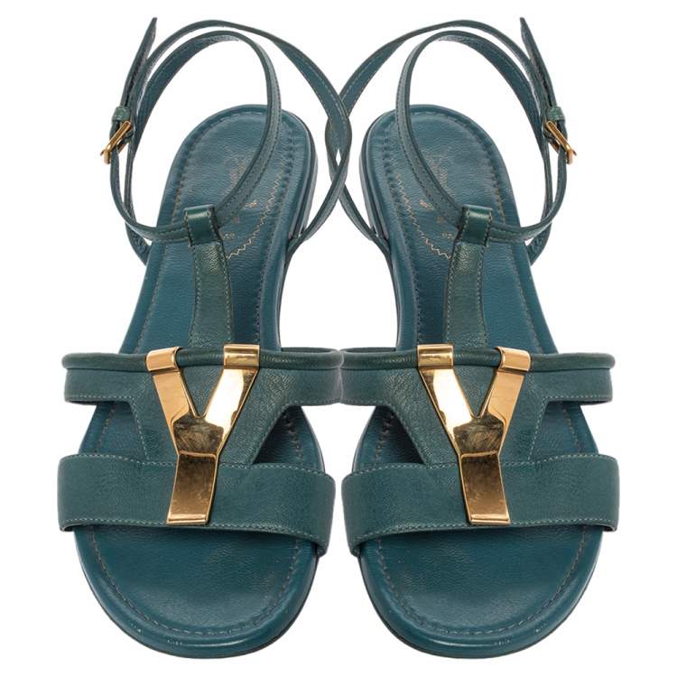 Pre Owned Saint Laurent Paris Blue Leather Ycon Ankle Strap Flats Size 38