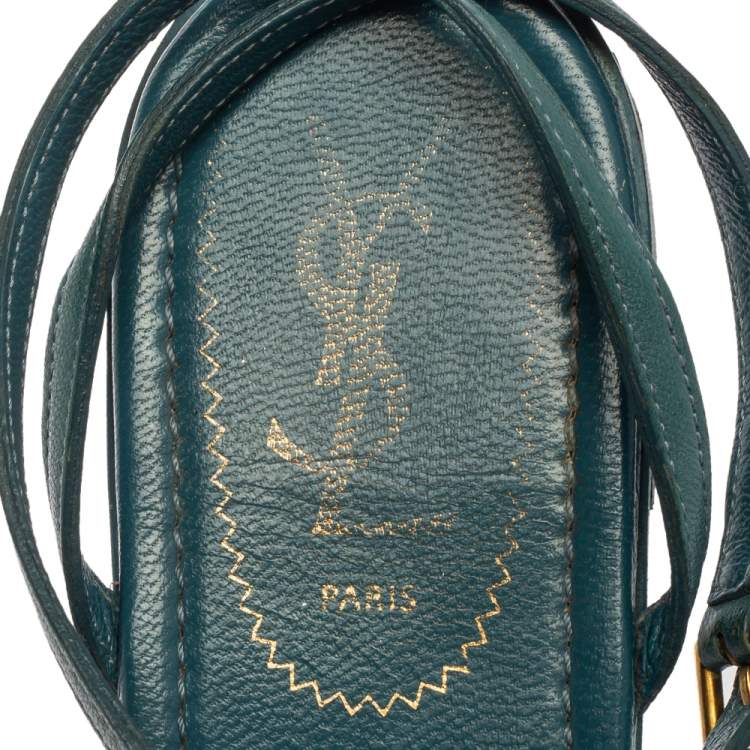Pre Owned Saint Laurent Paris Blue Leather Ycon Ankle Strap Flats Size 38