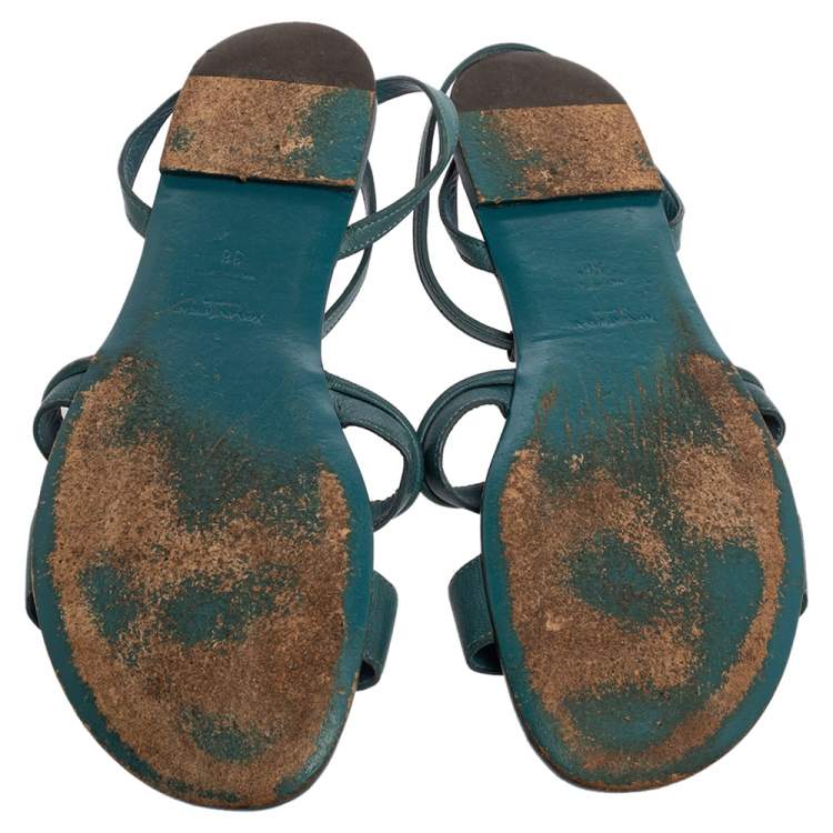 Pre Owned Saint Laurent Paris Blue Leather Ycon Ankle Strap Flats Size 38