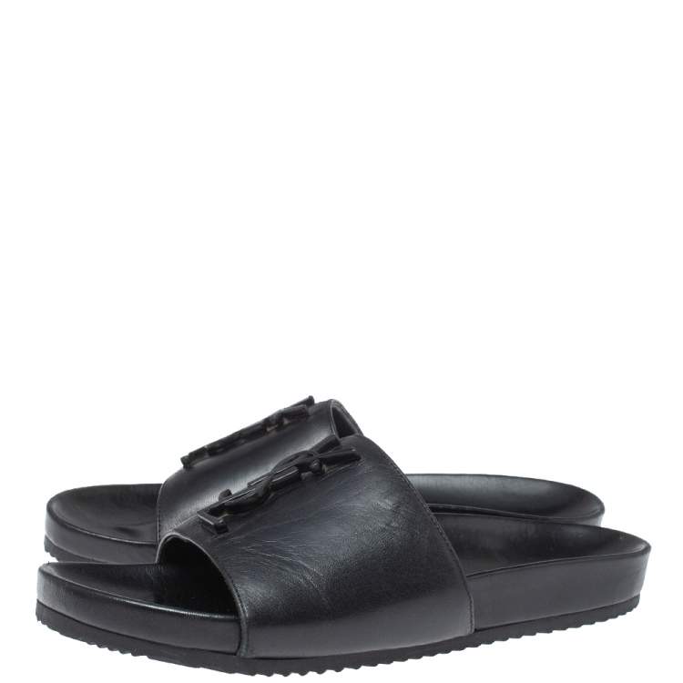 Pre Owned Saint Laurent Paris Black Leather Logo Flat Slides Size 35