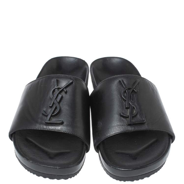 Pre Owned Saint Laurent Paris Black Leather Logo Flat Slides Size 35