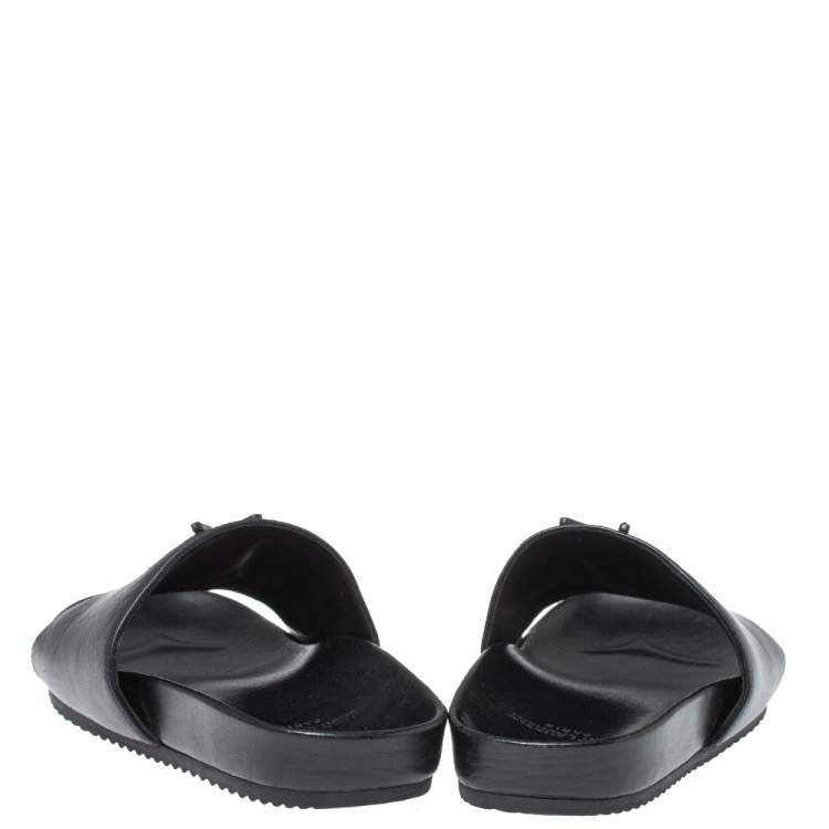 Pre Owned Saint Laurent Paris Black Leather Logo Flat Slides Size 35