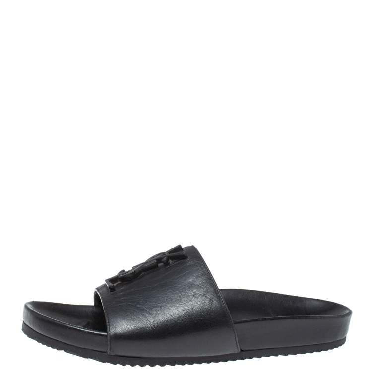 Pre Owned Saint Laurent Paris Black Leather Logo Flat Slides Size 35
