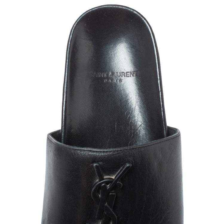 Pre Owned Saint Laurent Paris Black Leather Logo Flat Slides Size 35