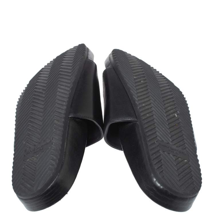 Pre Owned Saint Laurent Paris Black Leather Logo Flat Slides Size 35