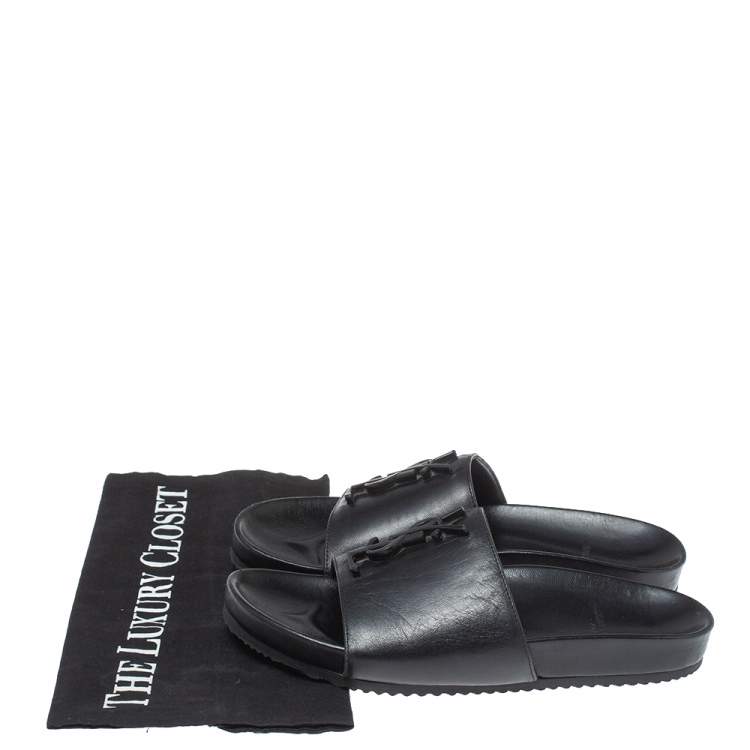 Pre Owned Saint Laurent Paris Black Leather Logo Flat Slides Size 35