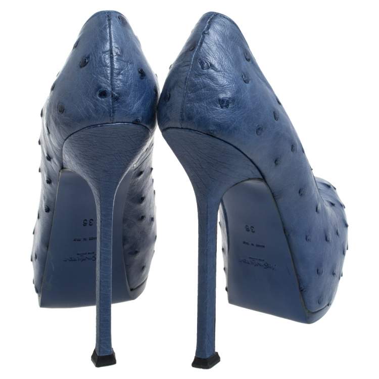 Pre Owned Saint Laurent Paris Blue Ostrich Leather Tribtoo Platform Pumps Size 36