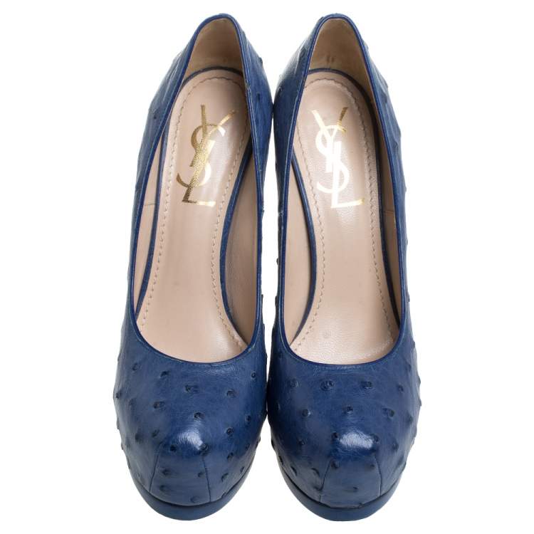 Pre Owned Saint Laurent Paris Blue Ostrich Leather Tribtoo Platform Pumps Size 36