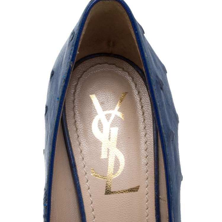 Pre Owned Saint Laurent Paris Blue Ostrich Leather Tribtoo Platform Pumps Size 36