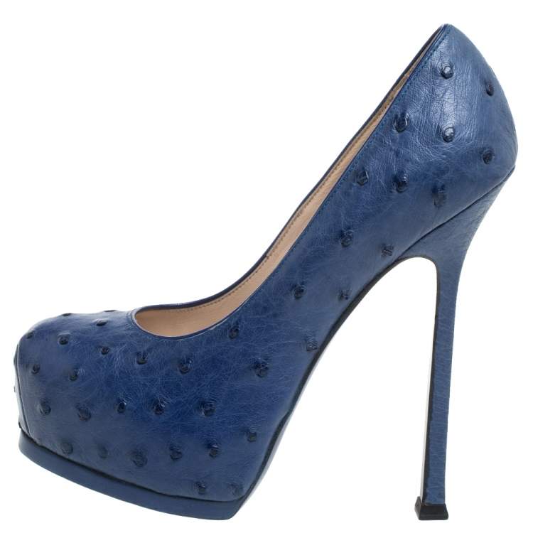 Pre Owned Saint Laurent Paris Blue Ostrich Leather Tribtoo Platform Pumps Size 36