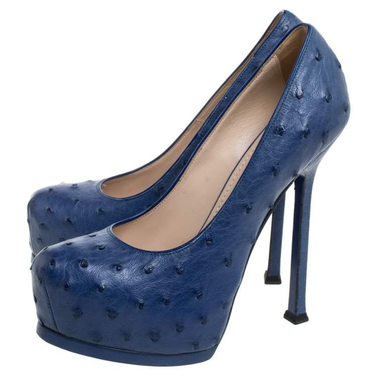 Pre Owned Saint Laurent Paris Blue Ostrich Leather Tribtoo Platform Pumps Size 36