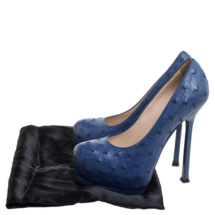 Pre Owned Saint Laurent Paris Blue Ostrich Leather Tribtoo Platform Pumps Size 36
