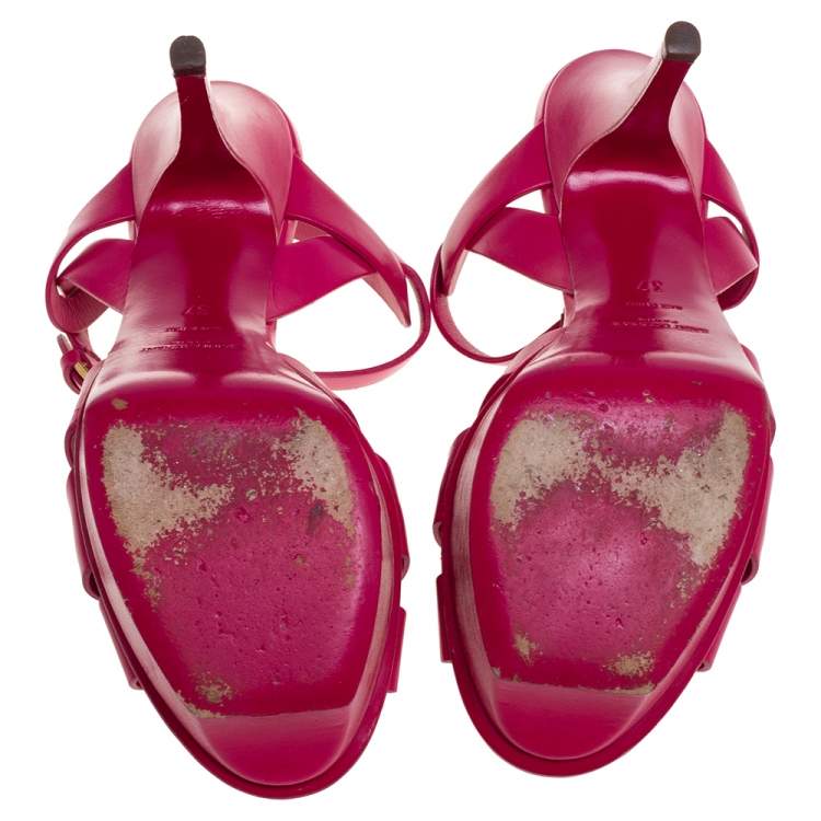 Pre Owned Saint Laurent Paris Fuchsia Leather Tribute Platform Sandals Size 37