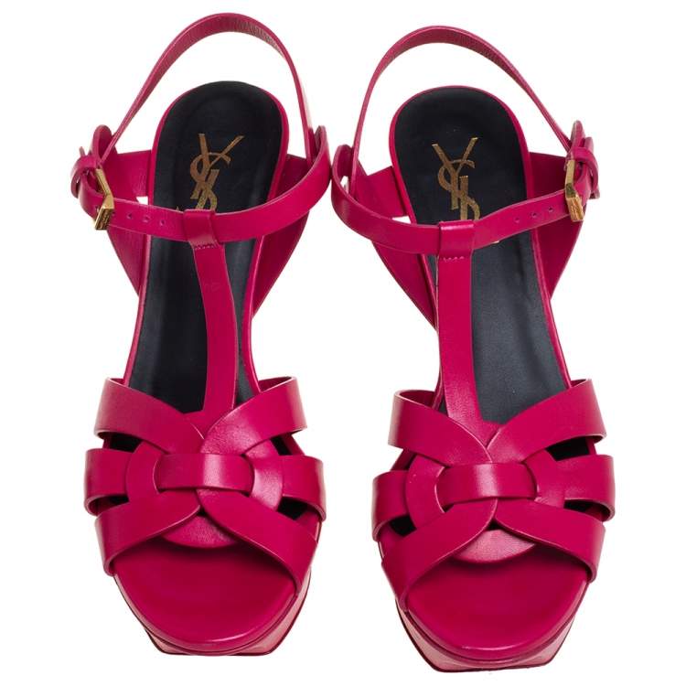 Pre Owned Saint Laurent Paris Fuchsia Leather Tribute Platform Sandals Size 37