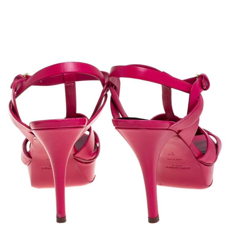 Pre Owned Saint Laurent Paris Fuchsia Leather Tribute Platform Sandals Size 37