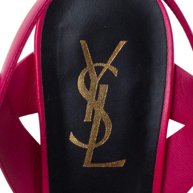 Pre Owned Saint Laurent Paris Fuchsia Leather Tribute Platform Sandals Size 37