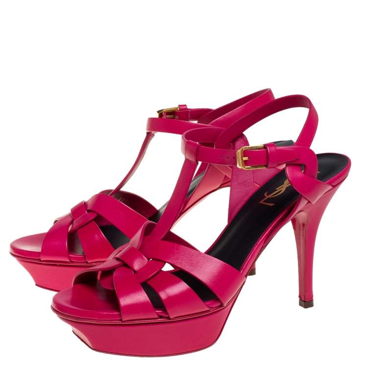 Pre Owned Saint Laurent Paris Fuchsia Leather Tribute Platform Sandals Size 37
