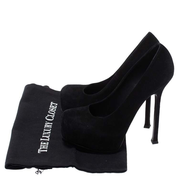 Pre Owned Saint Laurent Paris Black Suede Tribtoo Platform Pumps Size 36.5