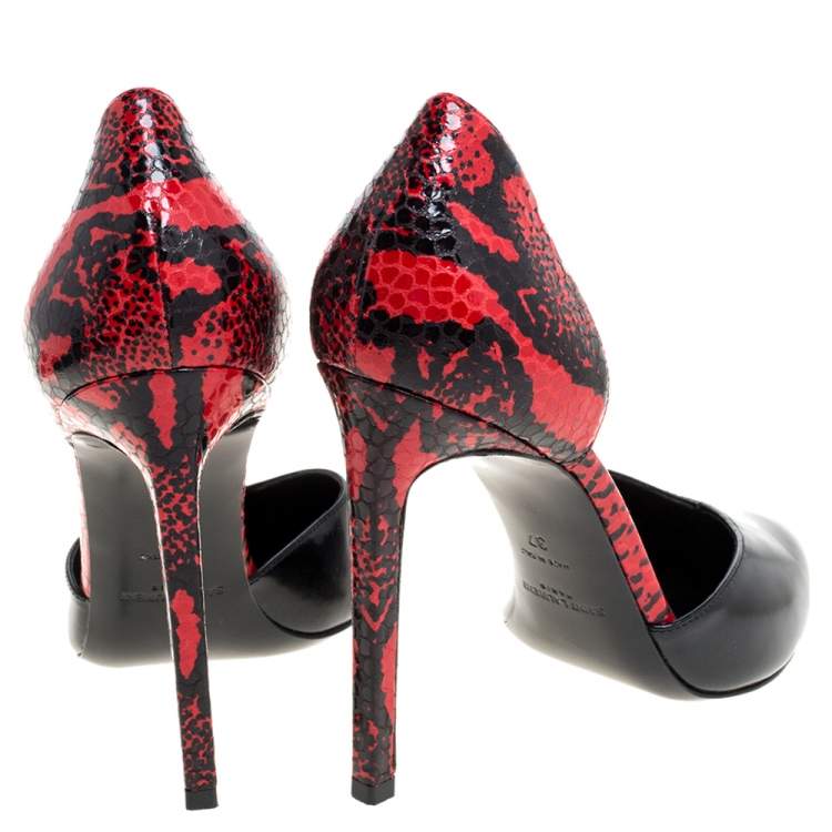 Pre Owned Saint Laurent Paris Black/Red Textured Leather D'orsay Pumps Size 37