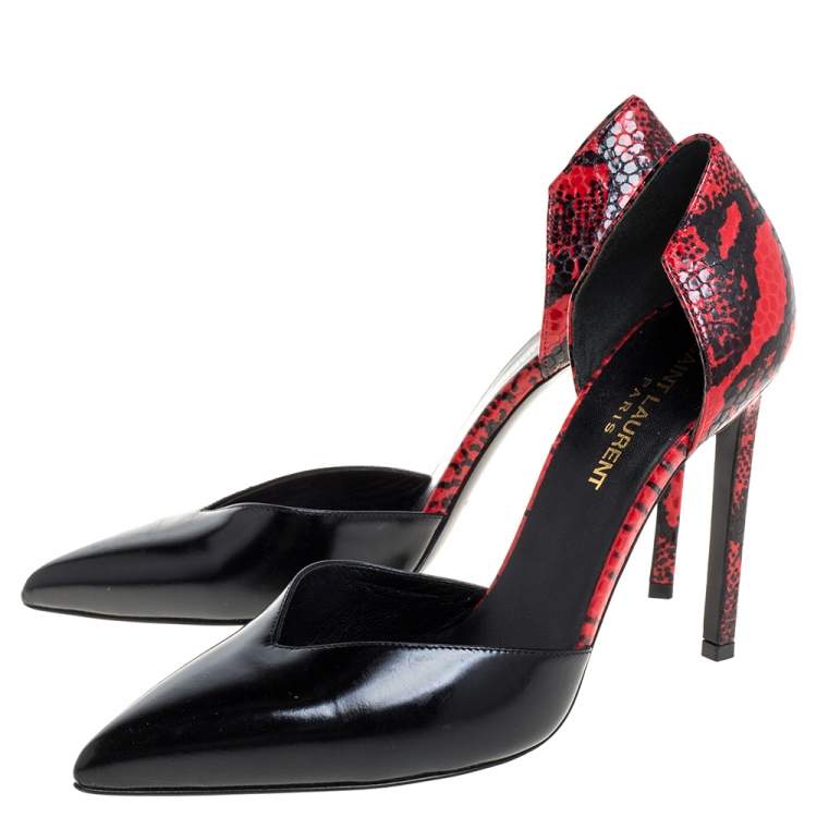 Pre Owned Saint Laurent Paris Black/Red Textured Leather D'orsay Pumps Size 37