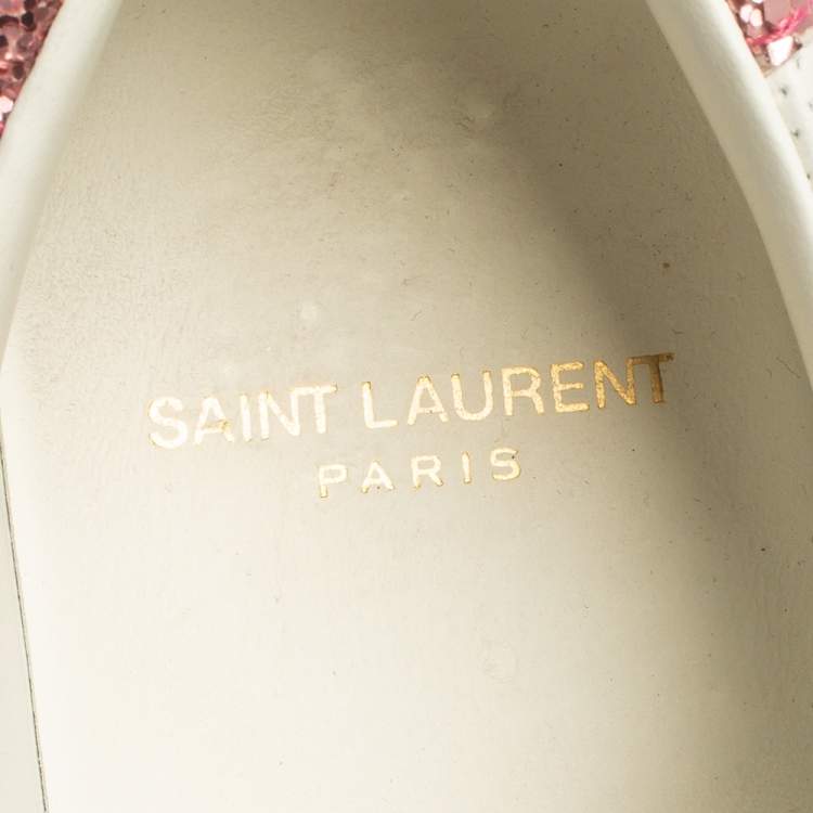 Pre Owned Saint Laurent White Leather And Glitter Andy Low-top Sneakers Size 39