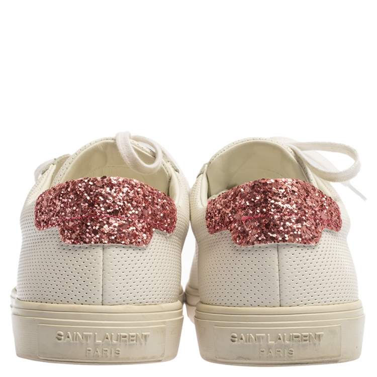Pre Owned Saint Laurent White Leather And Glitter Andy Low-top Sneakers Size 39
