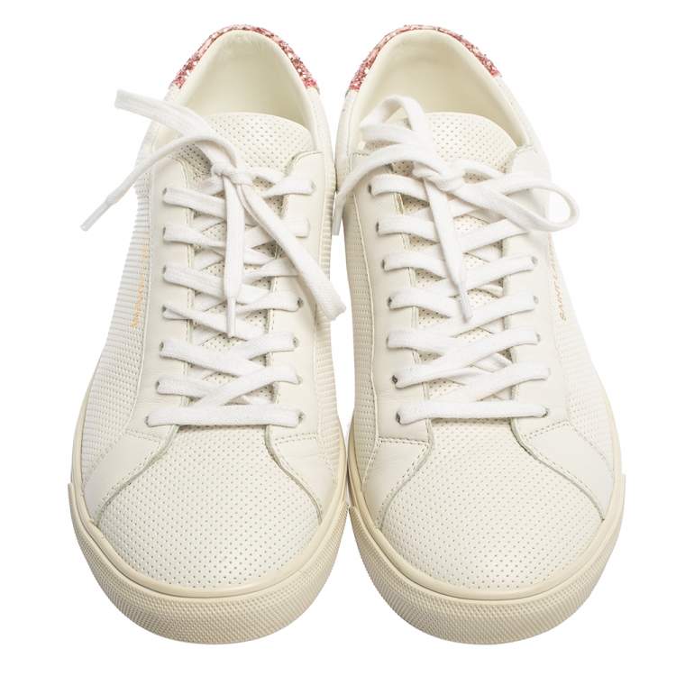 Pre Owned Saint Laurent White Leather And Glitter Andy Low-top Sneakers Size 39