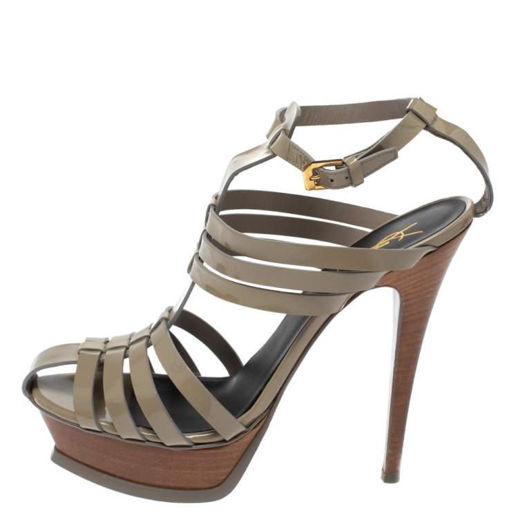 Pre Owned Saint Laurent Paris Grey Patent Leather Tribute Gladiator Platform Sandals Size 39.5