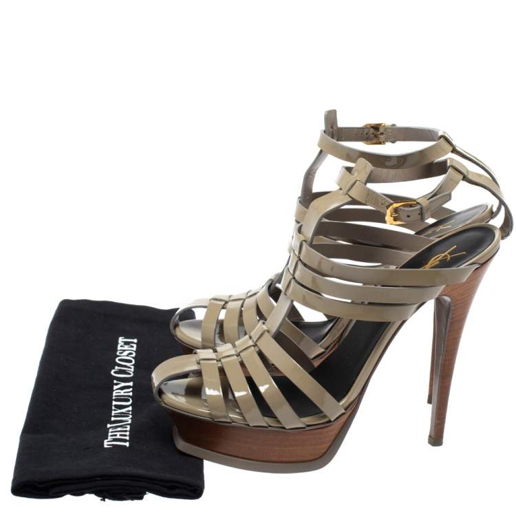 Pre Owned Saint Laurent Paris Grey Patent Leather Tribute Gladiator Platform Sandals Size 39.5