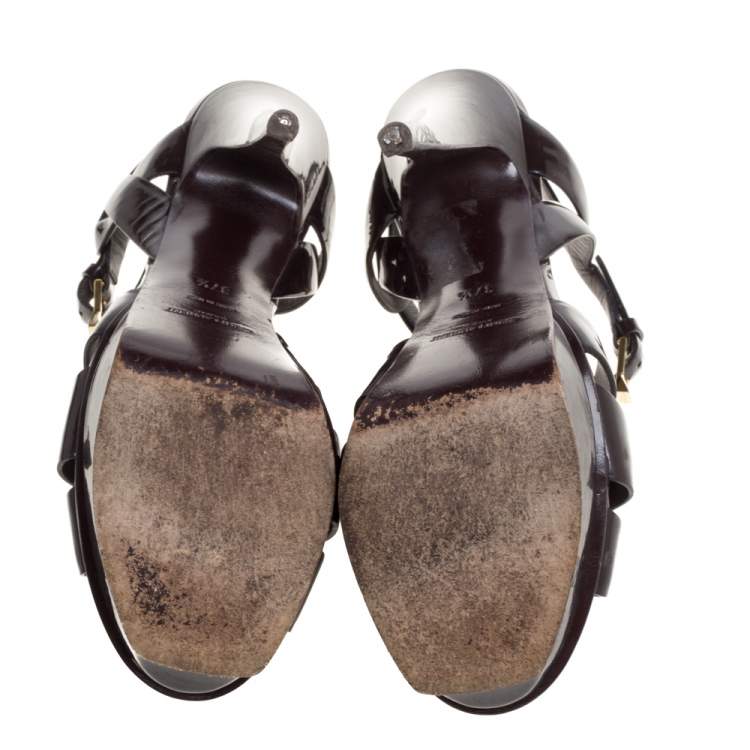 Pre Owned Saint Laurent Paris Burgundy Patent Leather Tribute Platform Sandals Size 37.5
