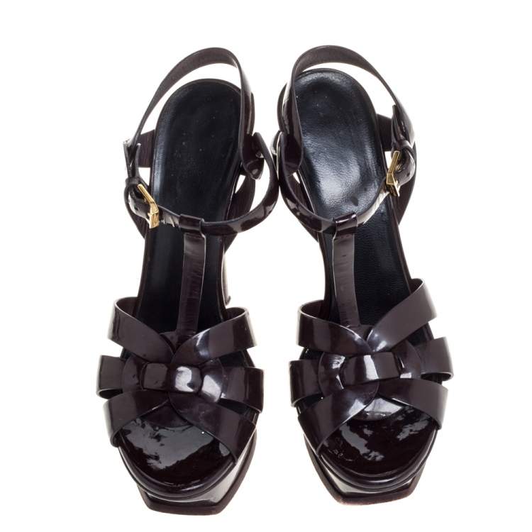 Pre Owned Saint Laurent Paris Burgundy Patent Leather Tribute Platform Sandals Size 37.5