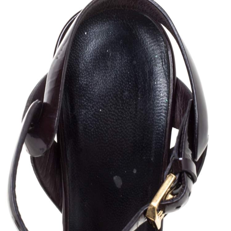 Pre Owned Saint Laurent Paris Burgundy Patent Leather Tribute Platform Sandals Size 37.5