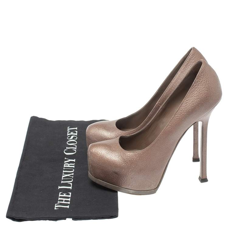 Pre Owned Saint Laurent Paris Brown Leather Tribtoo Platform Pumps Size 36