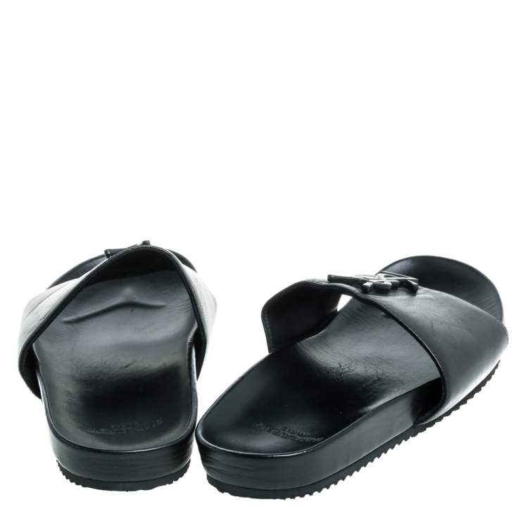 Pre Owned Saint Laurent Paris Black Leather Logo Slide Sandals Size 39