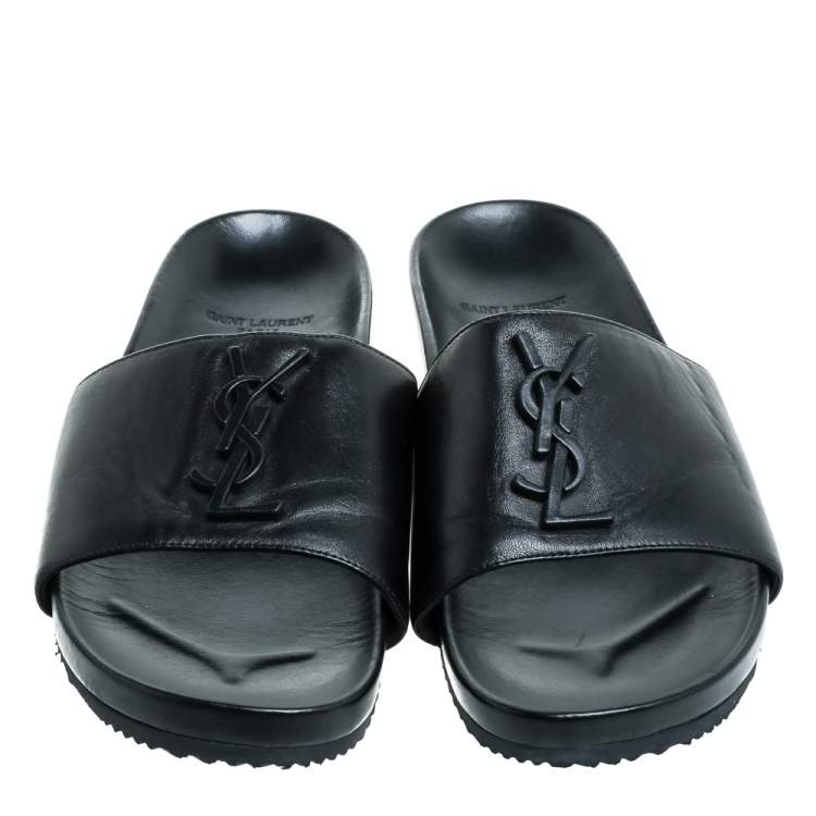 Pre Owned Saint Laurent Paris Black Leather Logo Slide Sandals Size 39