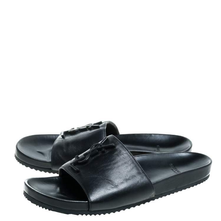 Pre Owned Saint Laurent Paris Black Leather Logo Slide Sandals Size 39