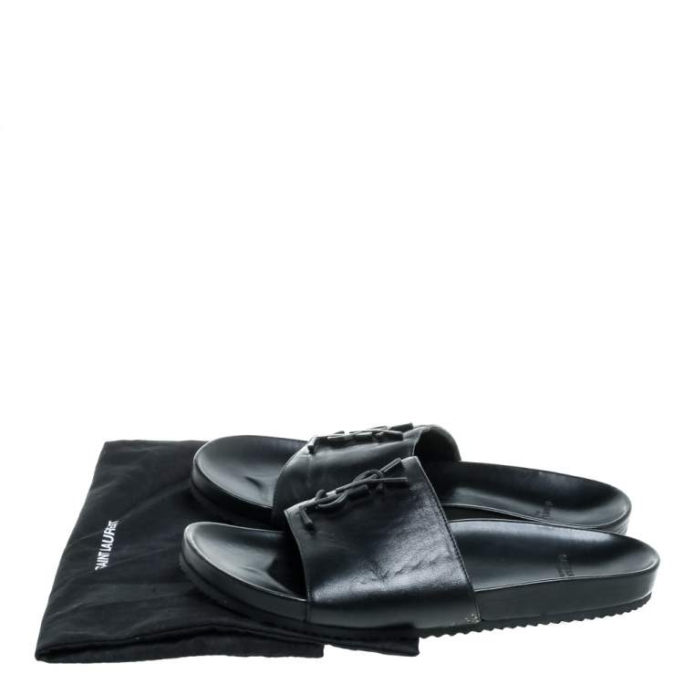 Pre Owned Saint Laurent Paris Black Leather Logo Slide Sandals Size 39